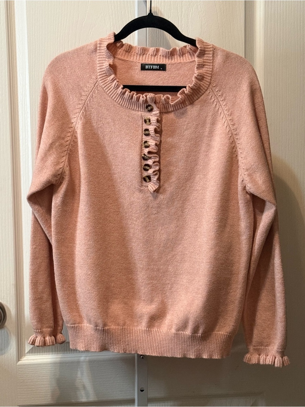 BTFBM Women's Pink Ruffle Henley Sweater